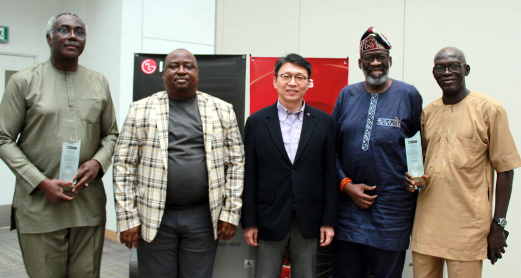 L-R: Managing Director, Maisontechnique Limited, Mr. Henry Chukwuemeka Echeozo, Head, CAC Eco , LG Electronics West Africa, Mr. Saheed Adeyemi,  General Manager, Eco Solution LG Electronics West Africa, Mr. Joonkyu Song,  Managing Director, Interstate Architects Limited, Mr. Olusegun Ladega and Managing Director, Vismep Limited, Mr. Ikotun Oluwole at the LG Electronics  Annual Consultant Leaders’ Summit in Lagos. 
