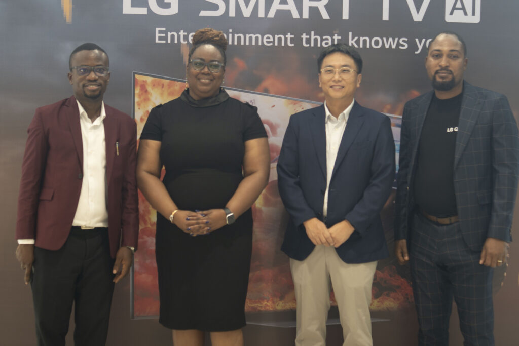 From left to right—Mr. Paul Mba, Head of Corporate Marketing, LG Electronics West Africa; Dr. Adeola Ogunyemi, Head of Distribution Channels/Sales, Ecobank Nigeria; Mr. Choongbae Seok, General Manager, Media Solutions, TV Division, LG Electronics West Africa; and Mr. Moses Osime, Corporate Marketing, LG Electronics West Africa, at the LG/Ecobank partnership press conference themed “From Screens to Scenes with AI Smart TVs,” also a “Buy Now, Pay Later” Scheme held today at Ecobank Head Office, Victoria Island, Lagos.