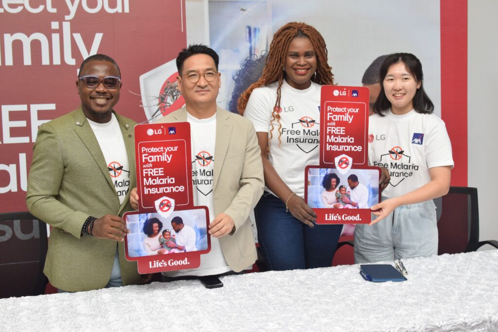 HEAD MARKETING, AXA MANSARD, OLUSESIN OGUNYOOYE, MANAGING DIRECTOR, LG ELECTRONICS WEST AFRICA OPERATIONS, MR. HYOUNG SUB JI, CHIEF DISTRIBUTION OFFICER, AXA MANSARD, MRS. JUMOKE ODUNLAMI AND ASSISTANT PRODUCT MANAGER, ECO SOLUTIONS, LG ELECTRONICS, YEEUN KIM AT THE LG ELECTRONICS AND AXA MANSARD FREE MALARIA INSURANCE PARTNERSHIP  PRESS PARLEY HELD TODAY AT VICTORIA ISLAND.