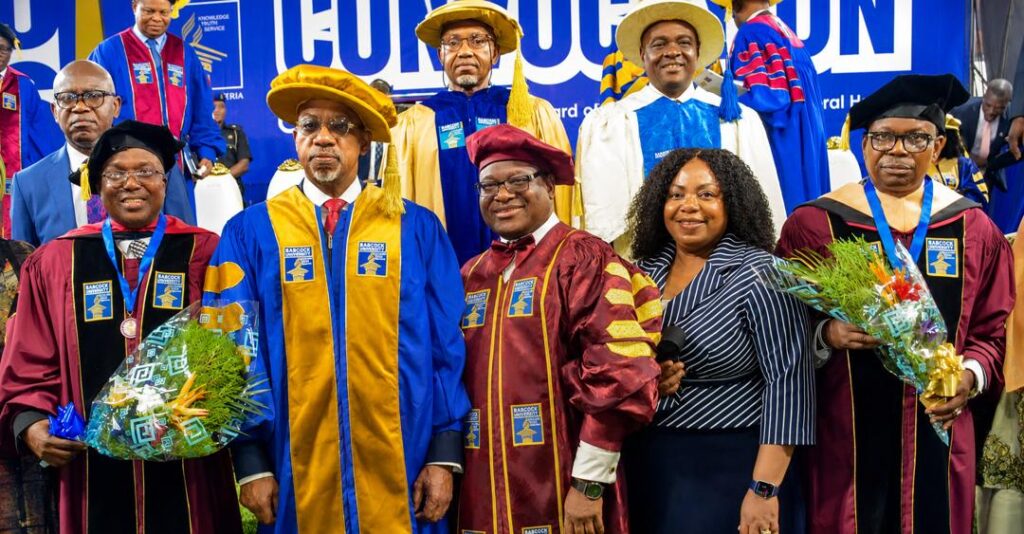 L-R:The Doctor of Philosophy in Public Administration and former Chief of Staff to the Ogun State Governor; Dr. Oluwatoyin Taiwo, Ogun State Governor; Prince Dapo Abiodun, the President/Vice-Chancellor, Babcock University; Prof. Afolarin Olutunde Ojewole,his wife; Prof. Folusho Ojewole and the Doctor of Philosophy in Public Health Policy and Management and the Minister of State for Health and Social Welfare; Dr. Iziaq Salako during the 15th postgraduate convocation ceremony for the award of degrees,prices and doctoral hooding at the Babcok University on Tuesday.