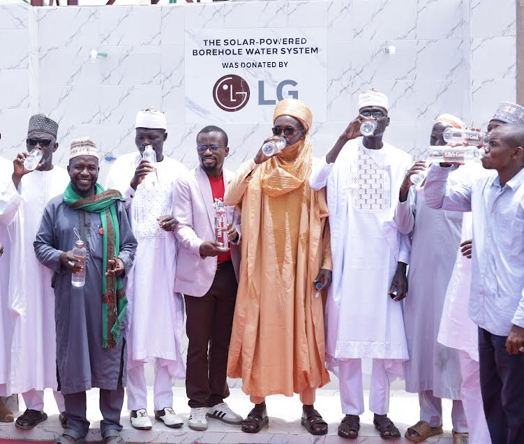 Community Resident, Nariya, Mallam Sunus Umar, Community Youth Leader, Nariya, Mai Sufyan Yusuf, Community Leader, Youth Forum, Sufyan Yussuf, Nariya Mosque Imam, Alhaji Mai Uzman,  Head, Corporate Marketing, LG Electronics Nigeria, Mr. Paul Mba, Niraya Village Head, Alhaji Zakariyya Ya’u, Sarki Yakin Nariya, Alhaji Jamiu Yakubu, and District Head, Nariya Rigasa, Alhaji Aliyu Sanni at the commissioning of LG's expanded Environmental, Social, and Governance (ESG) initiative, marked by the donation of a solar-powered borehole to the Nariya Rigasa Area of Kaduna State, September 3, 2026